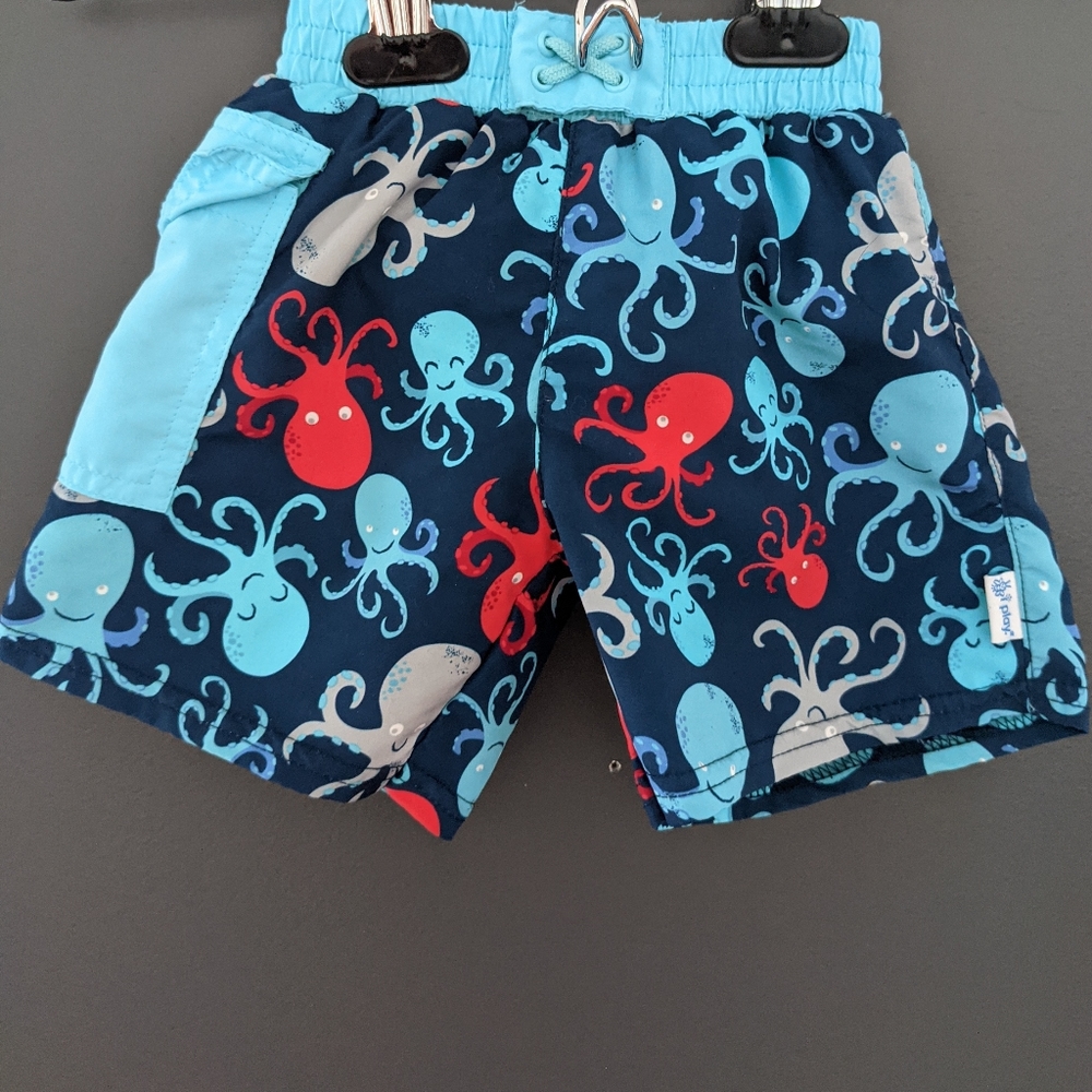 Blue and red octopus print swim trunks